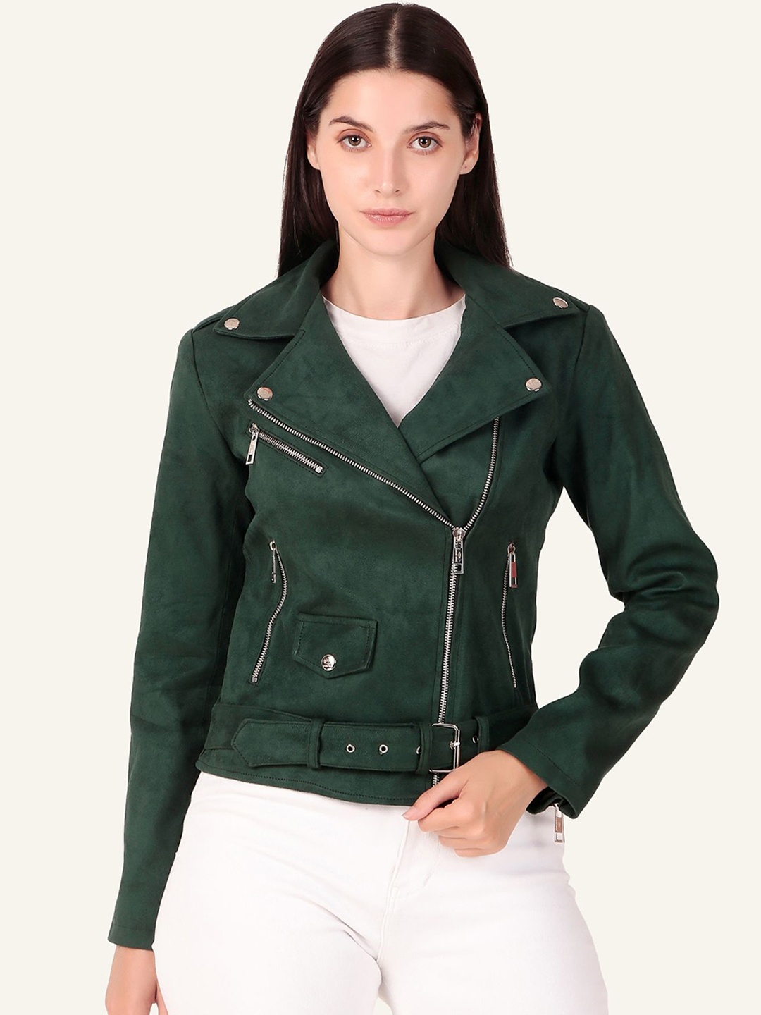 

Leather Retail Women Solid Biker Jacket, Green