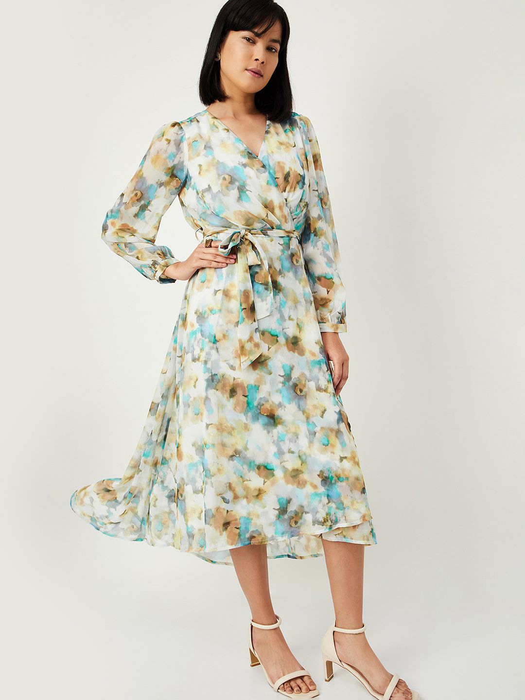 

max Floral Printed Puff Sleeve Fit & Flare Midi Dress, Off white