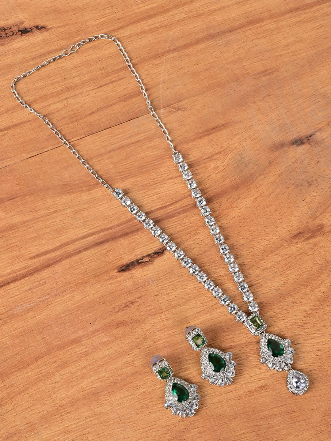 

Keviv Silver-Plated American Diamond Studded Necklace With Earrings