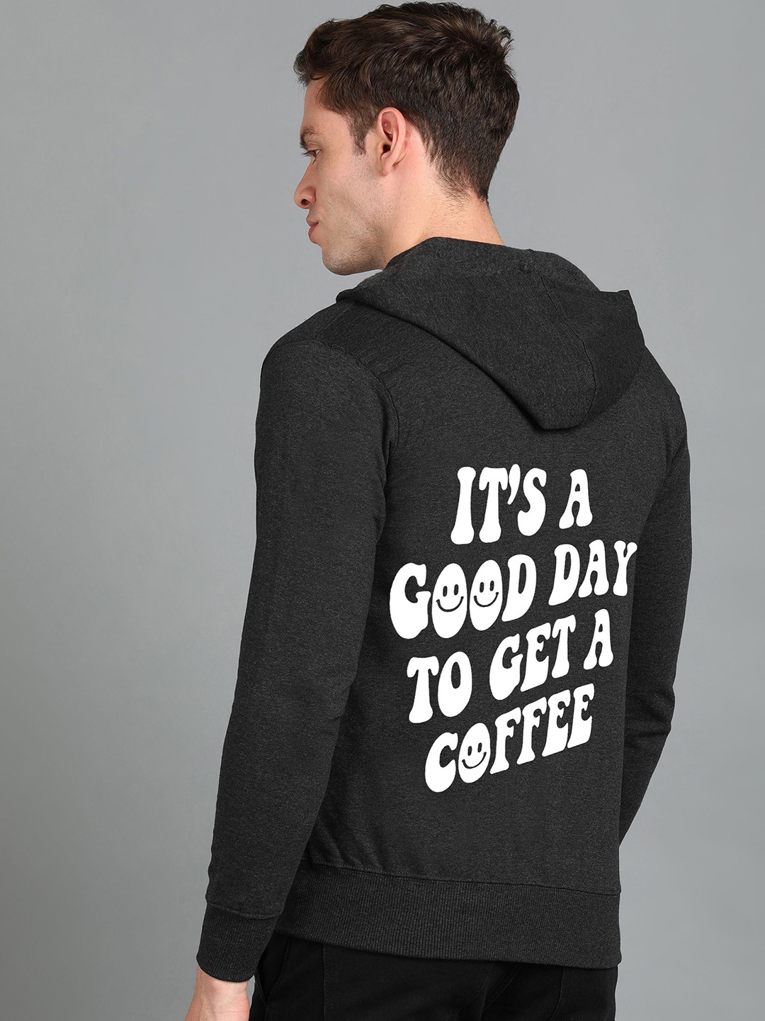 

FALTU.CO Men Typography Printed Hooded Ribbed Cotton Sweatshirt, Charcoal