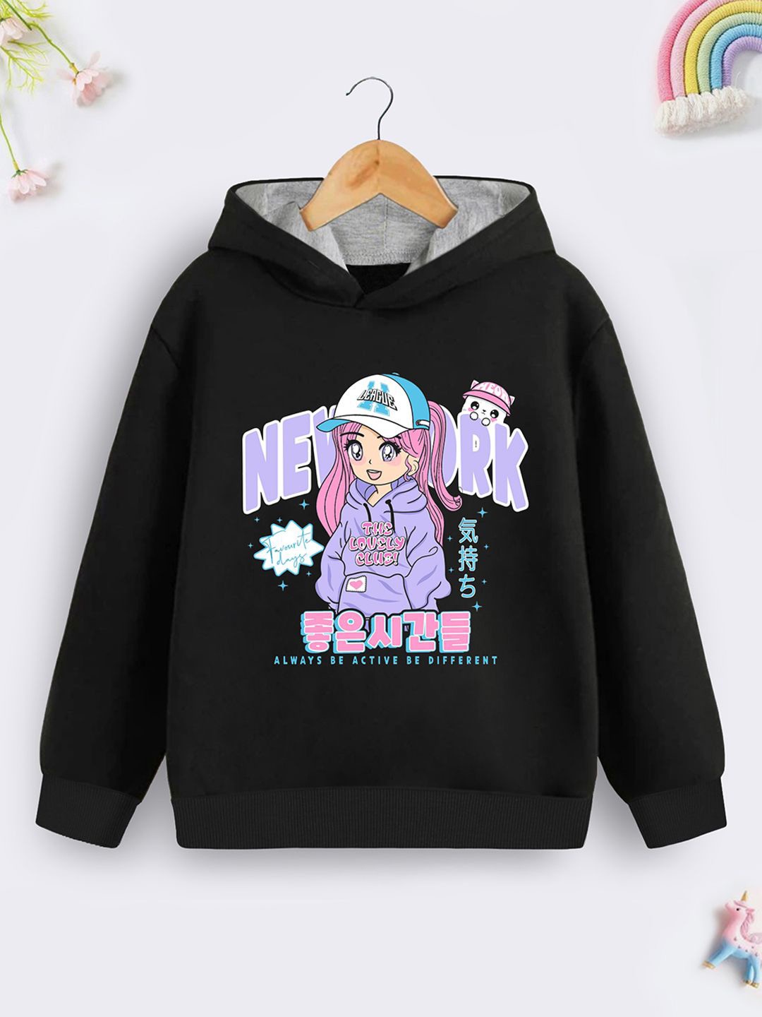 

HERE&NOW Girls Graphic Printed Hooded Cotton Sweatshirt, Black