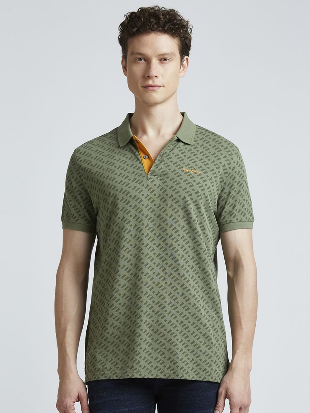

Pepe Jeans Men Abstract Printed Polo Collar Pure Cotton T-shirt, Green