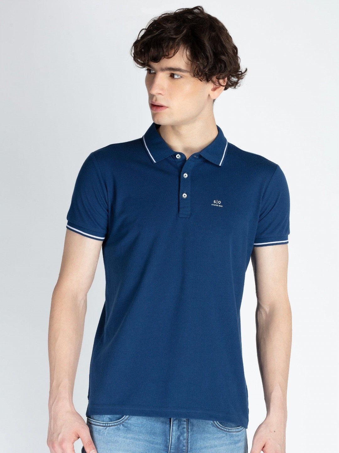 

Status Quo Men Solid Polo Collar Cotton T-shirt, Blue