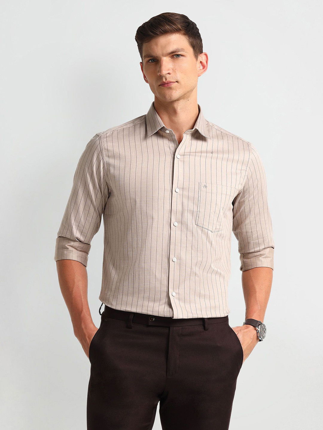 

Arrow Men Modern Spread Collar Checked Cotton Slim Fit Formal Shirt, Brown