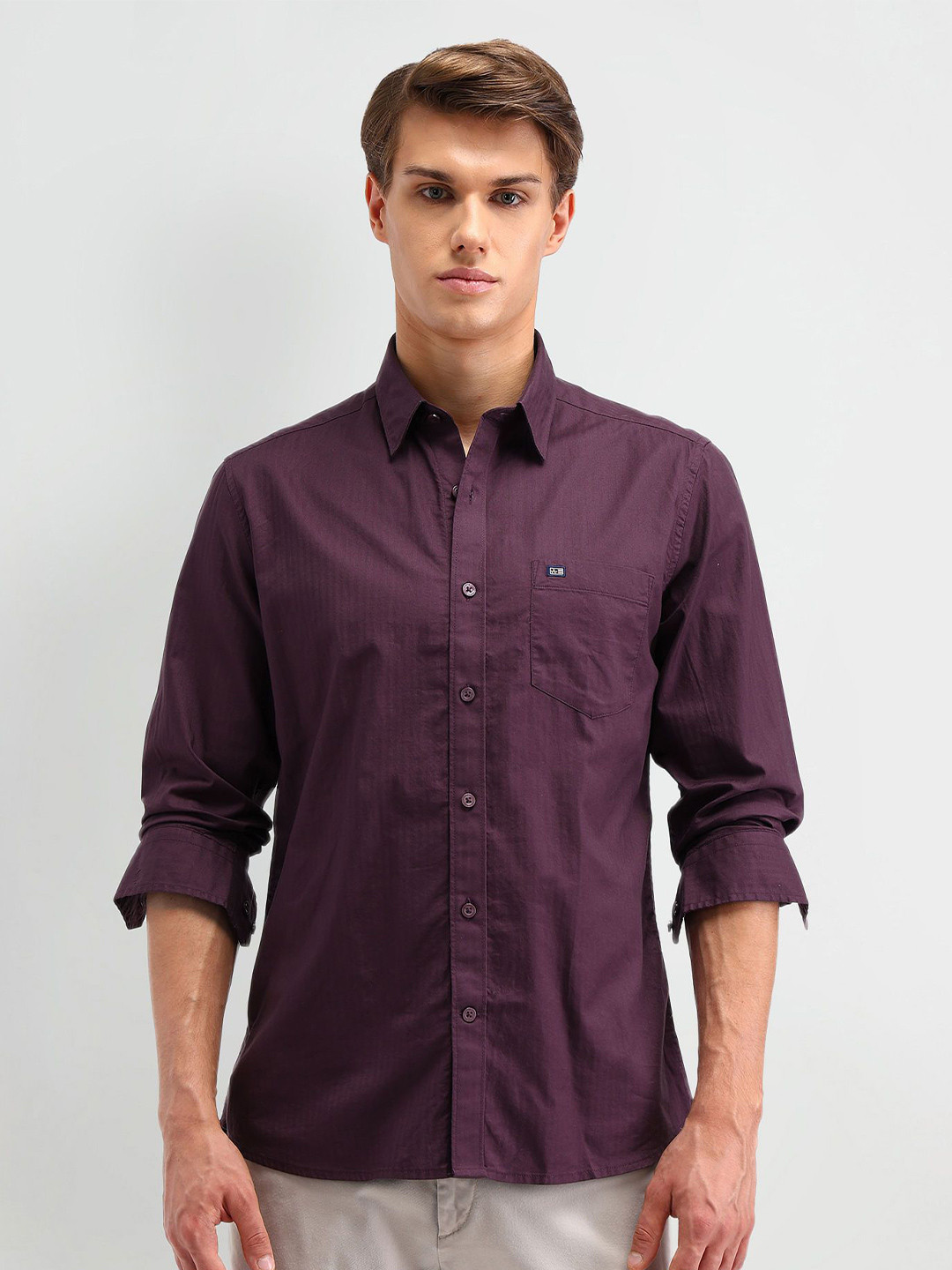 

Arrow Sport Men Modern Spread Collar Checked Cotton Slim Fit Casual Shirt, Purple