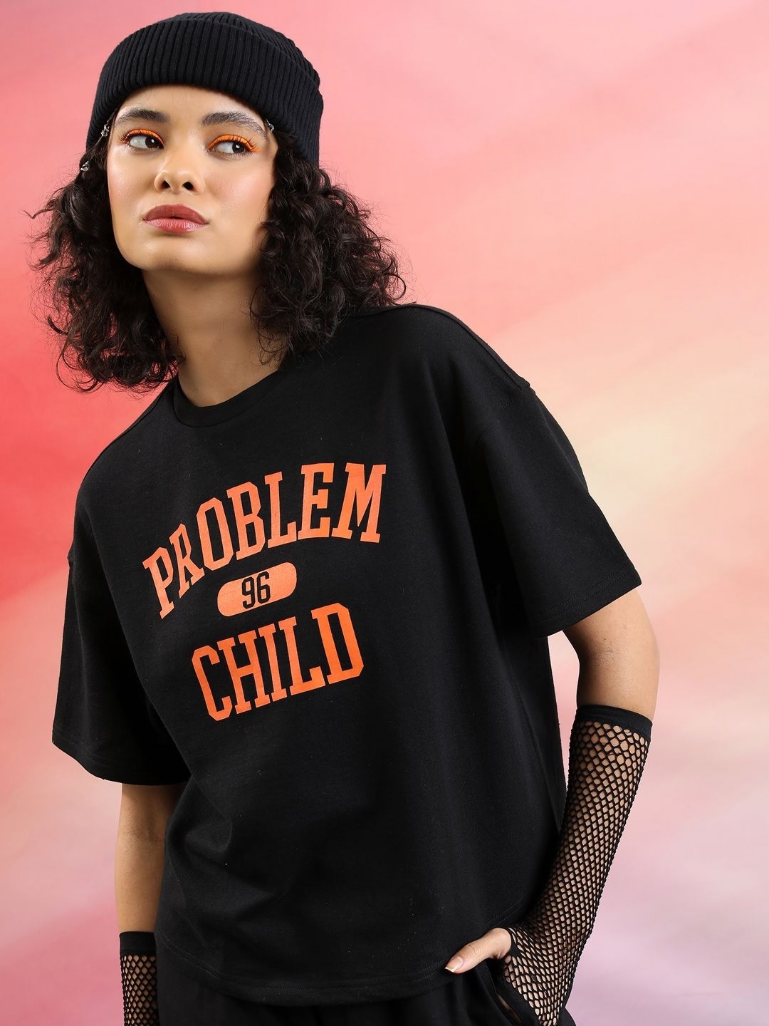 

Tokyo Talkies Women Typography Printed Round Neck Oversized T-shirt, Black