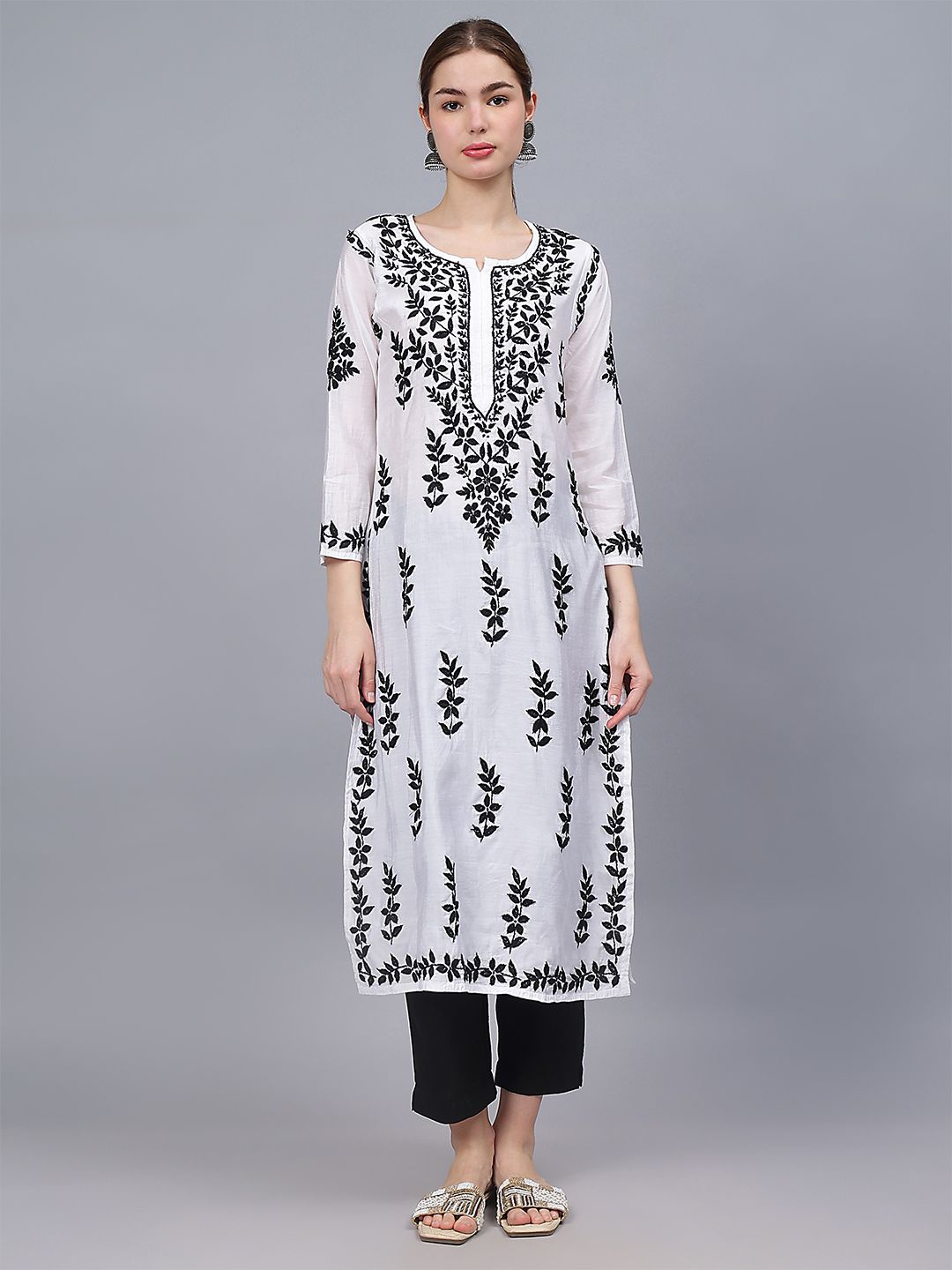 

Seva Chikan Ethnic Motifs Embroidered Chikankari Chanderi Silk Straight Kurta, White