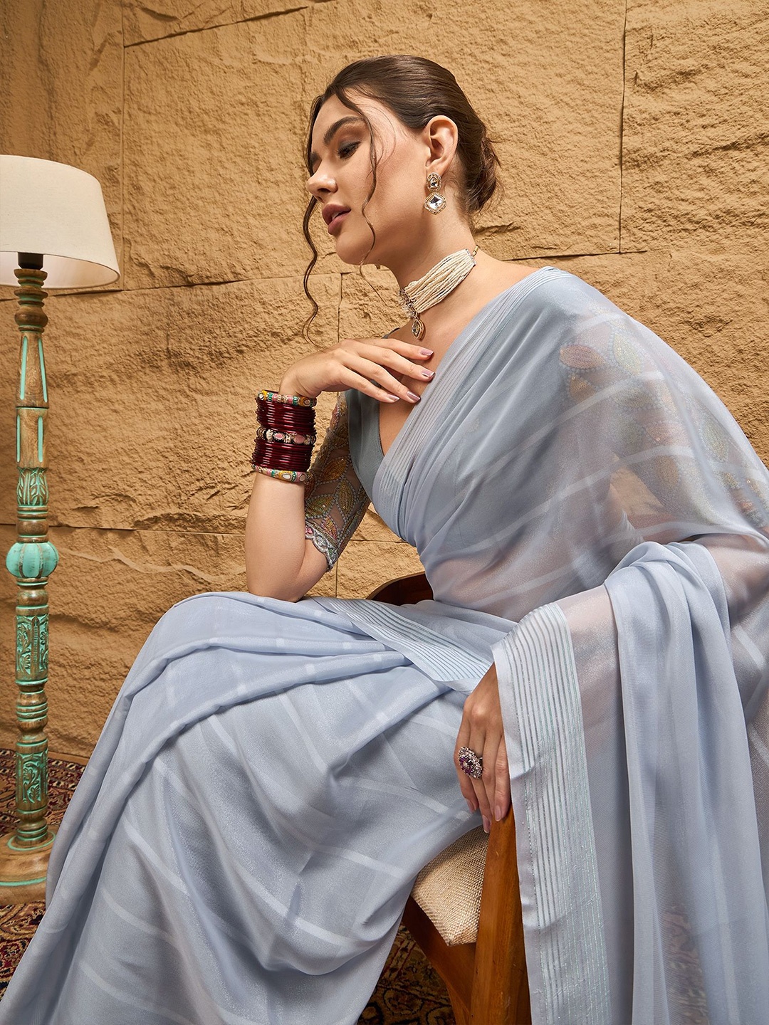

Sangria Solid Pure Chiffon Stripe Self Design Saree With Sequined Blouse Piece, Grey