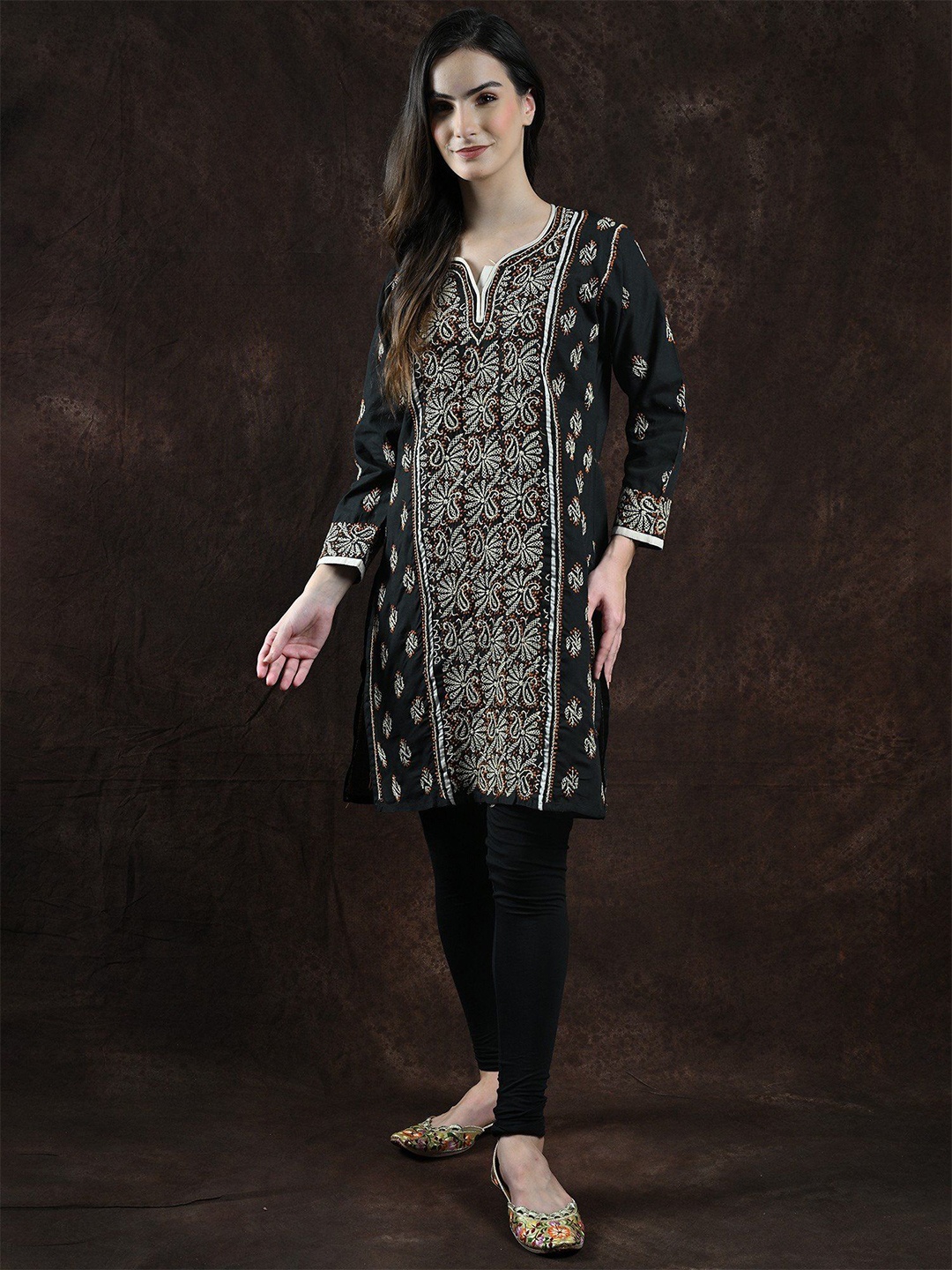 

Exotic India Ethnic Motifs Embroidered Round Neck Pure Cotton Chikankari Straight Kurta, Black