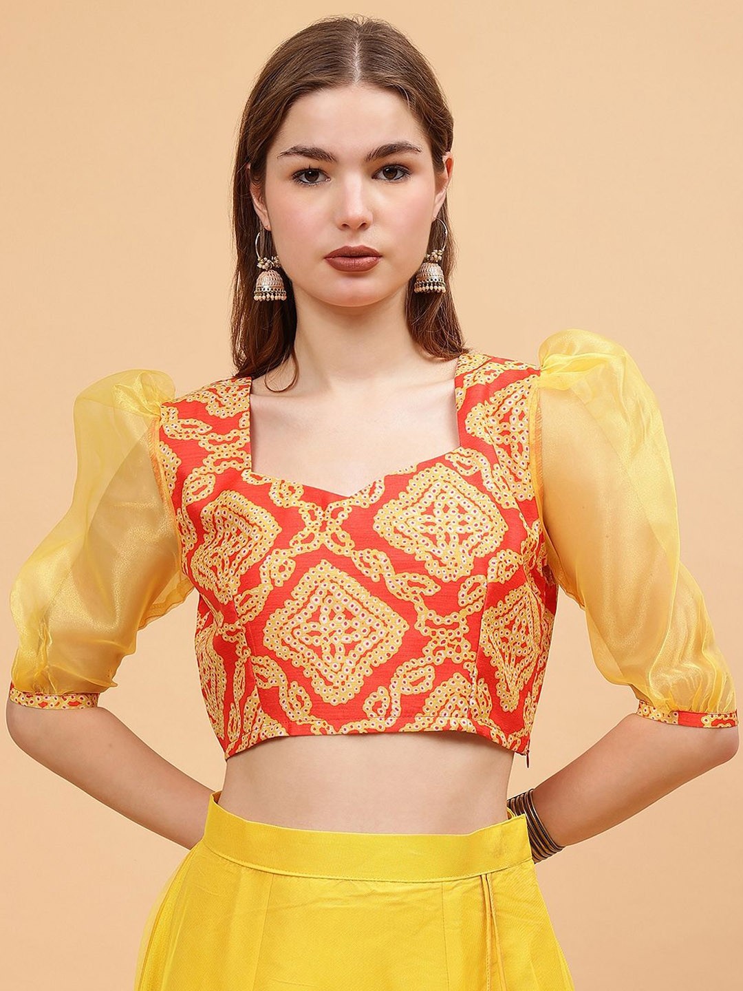 

Frolic Rolic Bandhej Print Silk 3/4th Organza Sleeves Sweetheart Neck Blouse, Orange