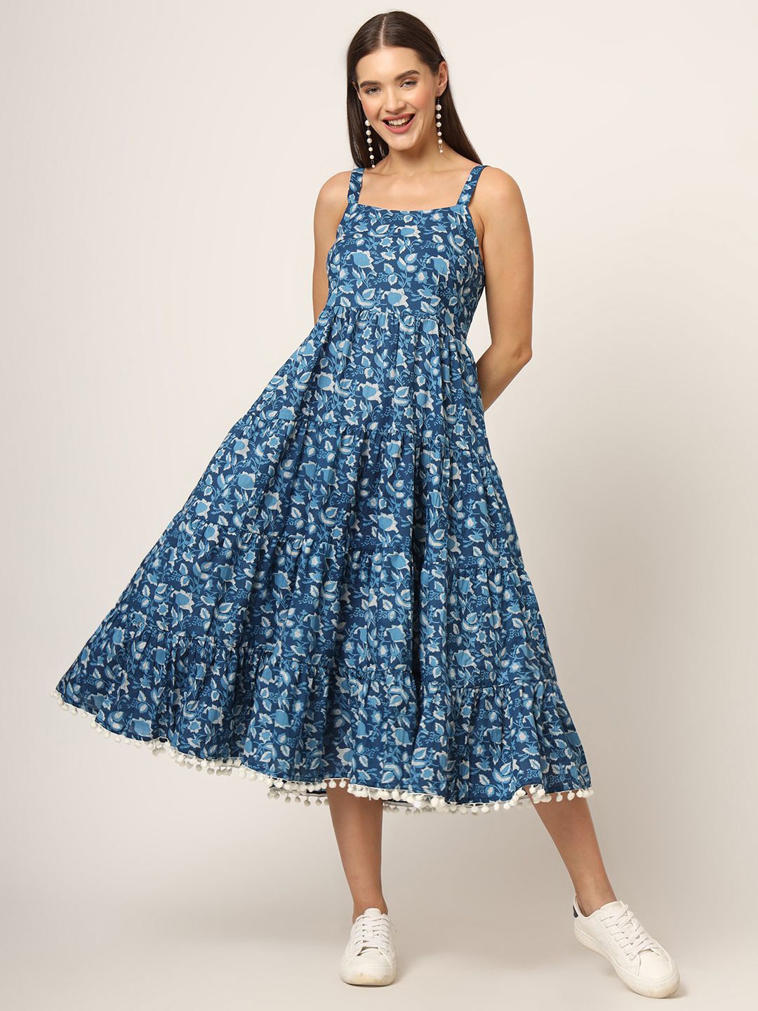 

Chandbaali Floral Printed Fit & Flare Midi Dress, Blue