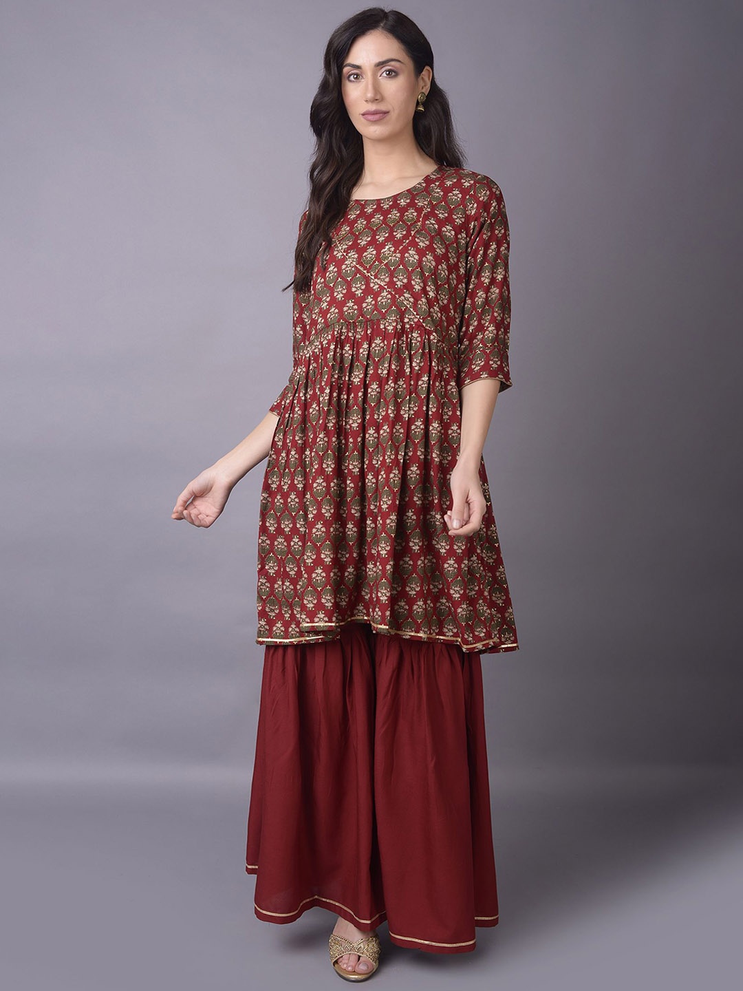 

Shree Ethnic Motifs Printed Round Neck Pleated Anarkali Kurti With Sharara, Maroon