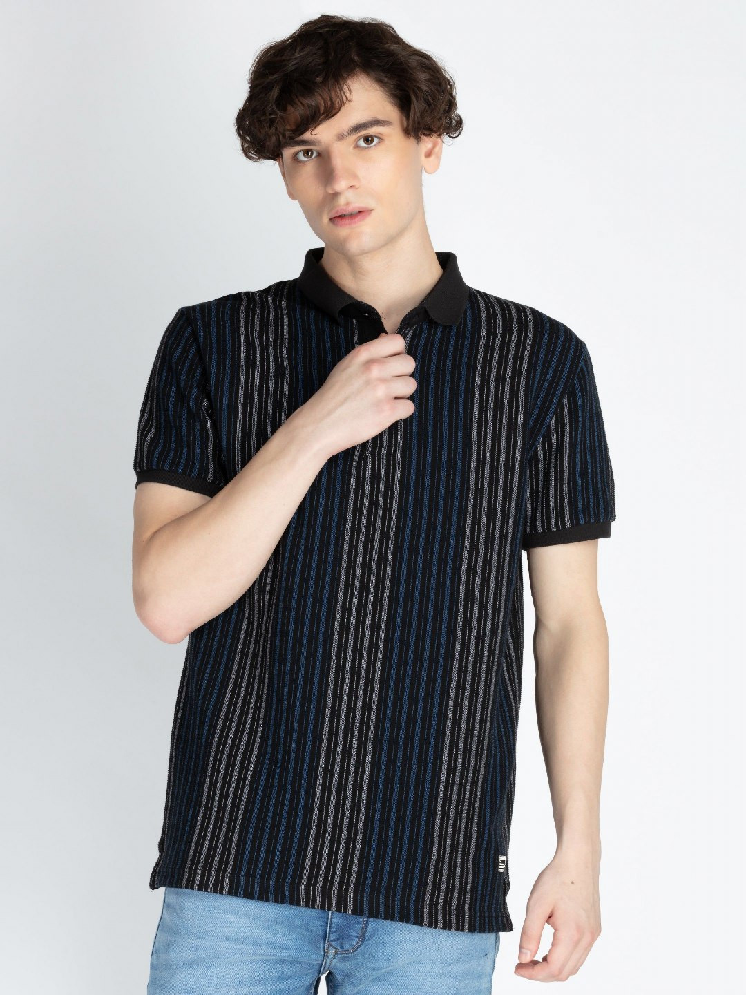 

Status Quo Men Striped Polo Collar Cotton T-shirt, Blue