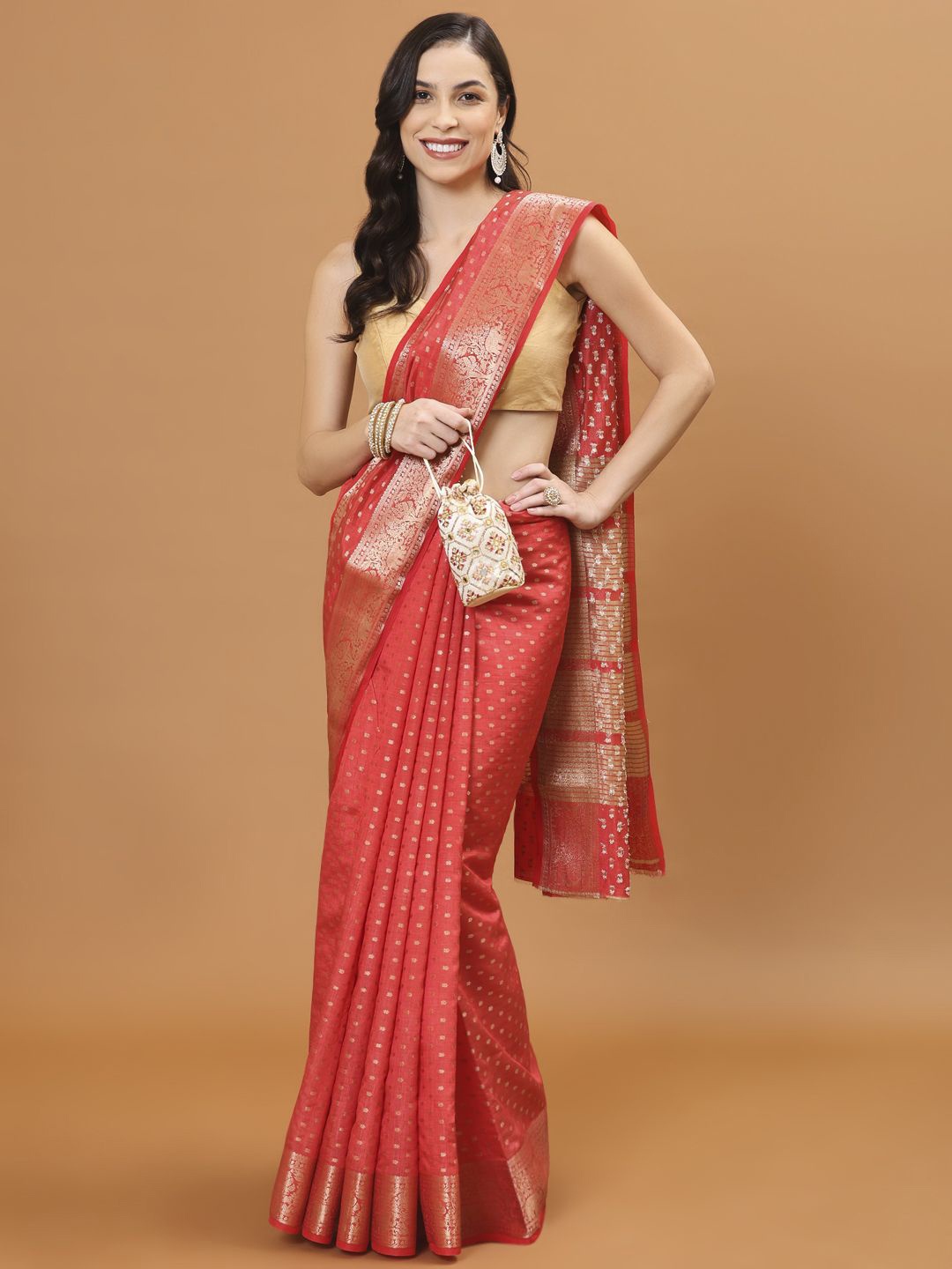 

Meena Bazaar Woven Design Zari Art Silk Red Woven Design Handloom Saree