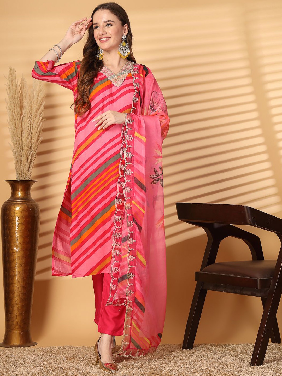 

Piludi Striped Zari Straight Kurta with Trousers & Dupatta, Pink