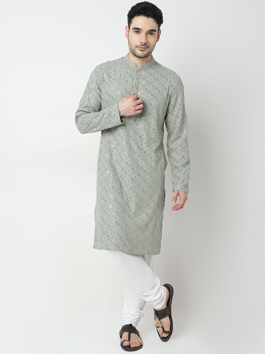 

Ethnicity Geometric Embroidered Mandarin Collar Straight Kurta, Green
