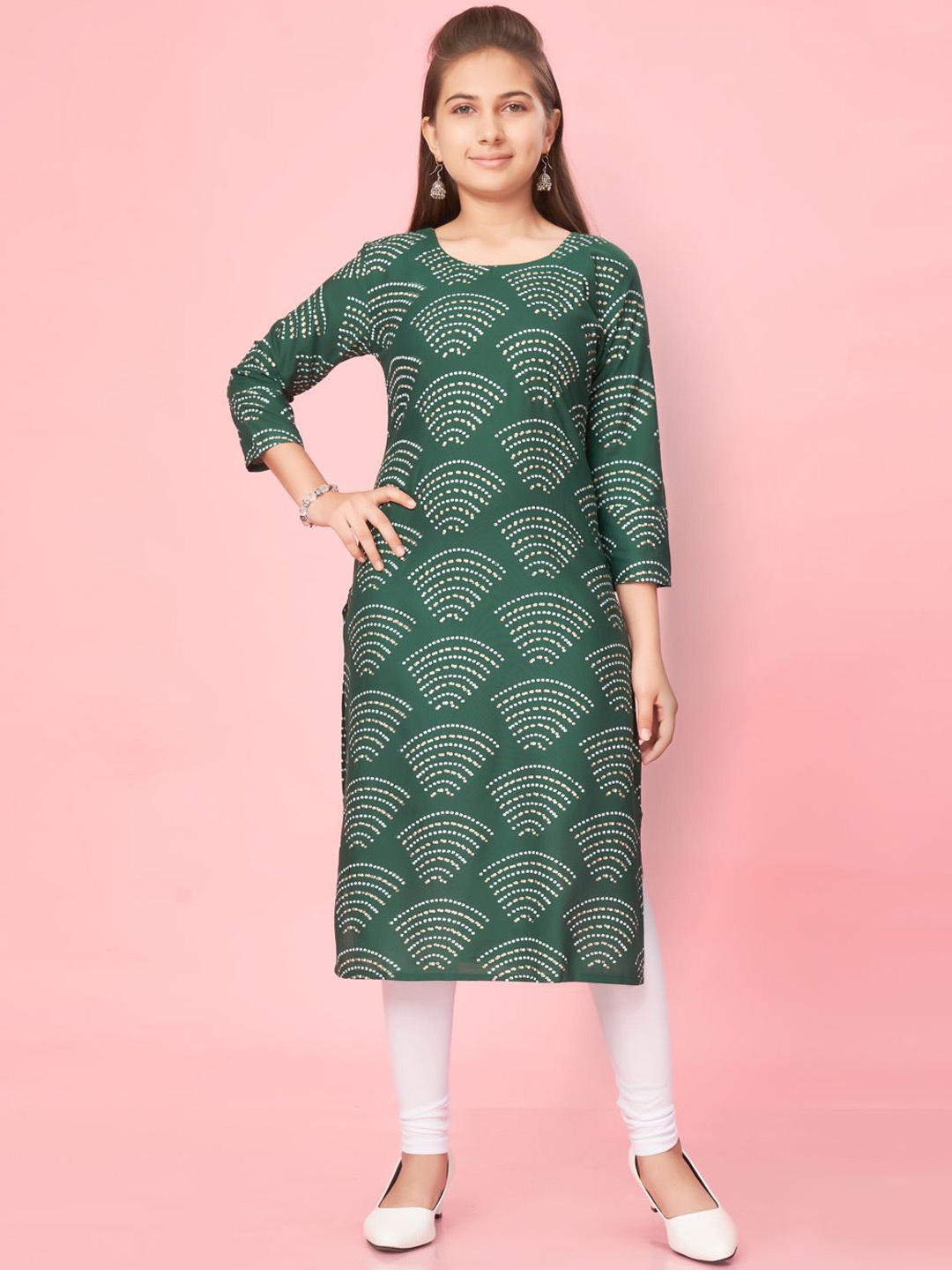 

BAESD Girls Geometric Printed Round Neck Straight Kurta, Green