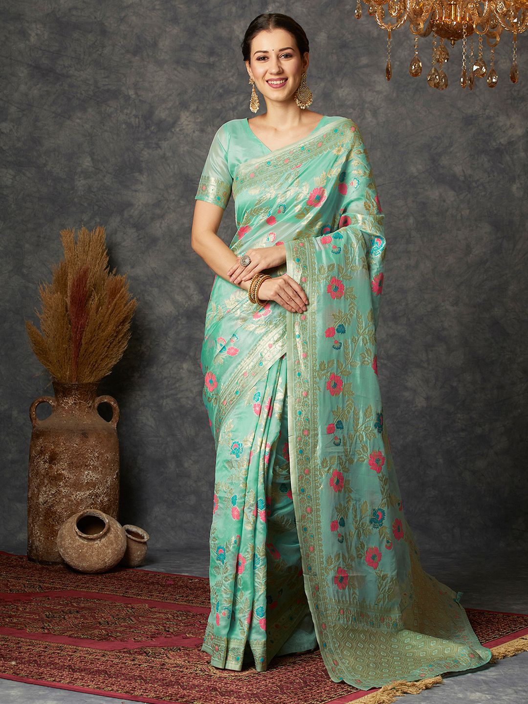 

all about you Floral Zari Pure Silk Banarasi Saree, Green