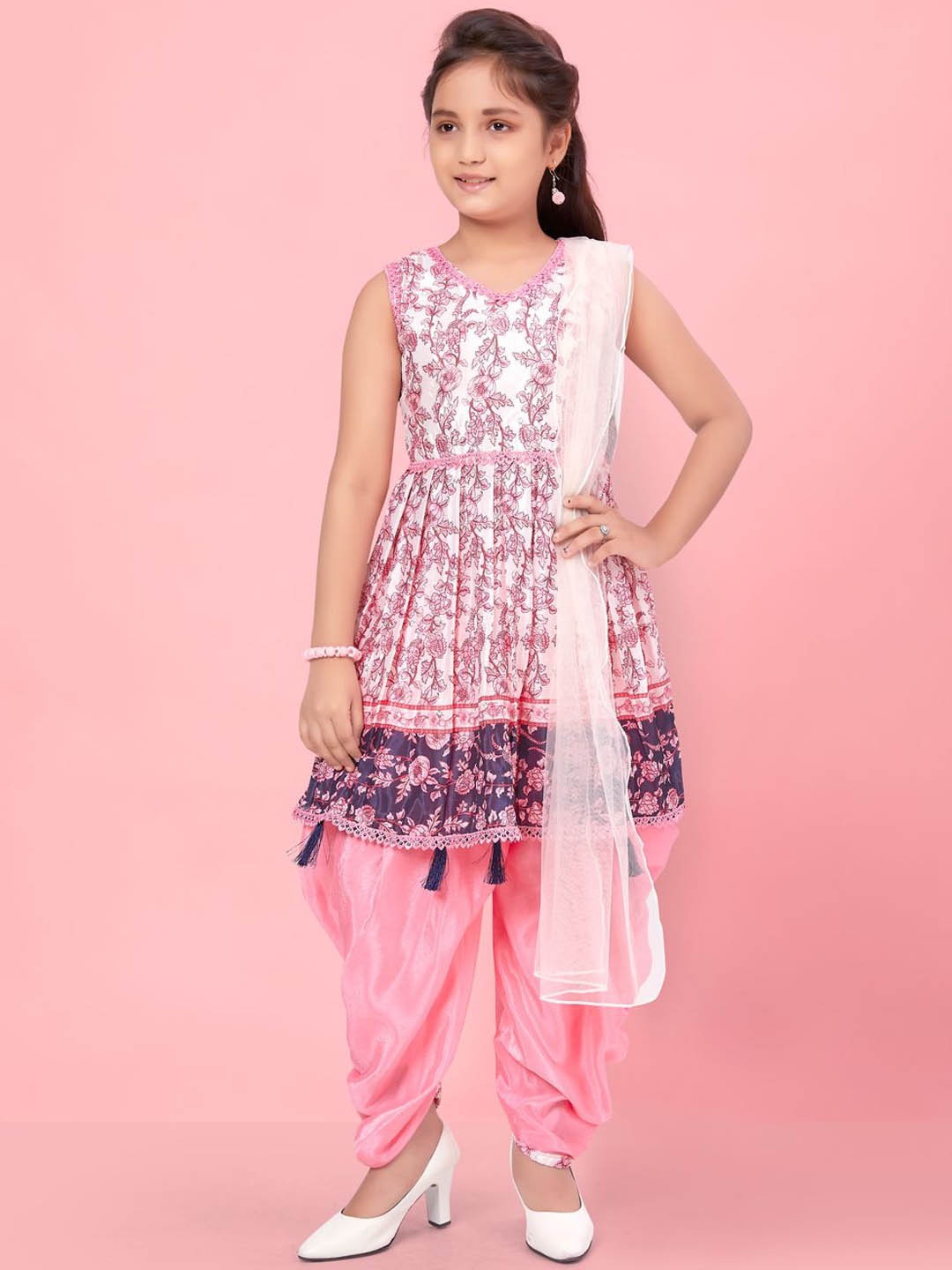 

BAESD Girls Ethnic Motifs Printed Pure Silk Anarkali Kurti With Patiala & Dupatta, Pink