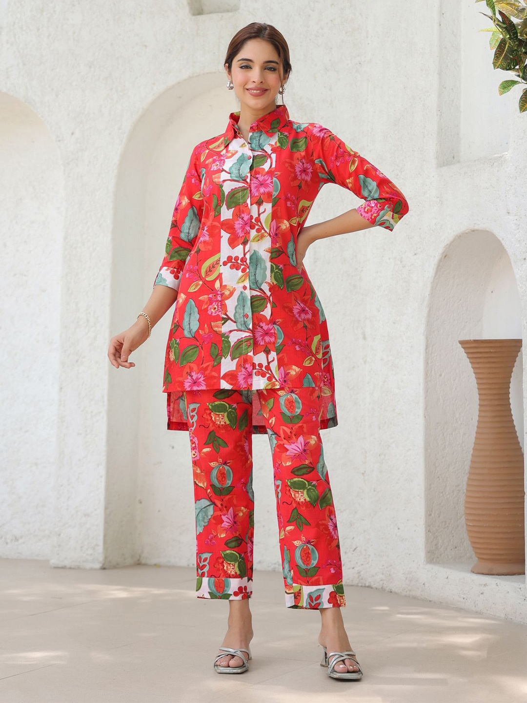 

Rain & Rainbow Printed Shirt Collar Pure Cotton High Low Tunic With Trousers, Red