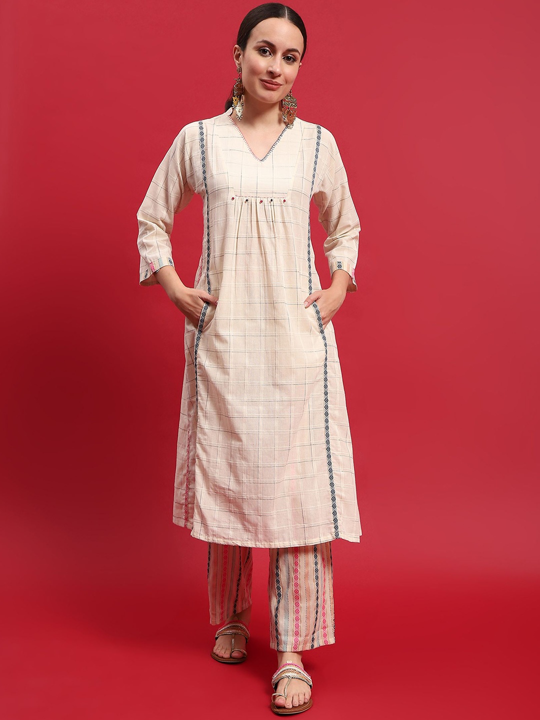 

Shree Printed Pure Cotton A-Line Kurta with Trousers, Off white