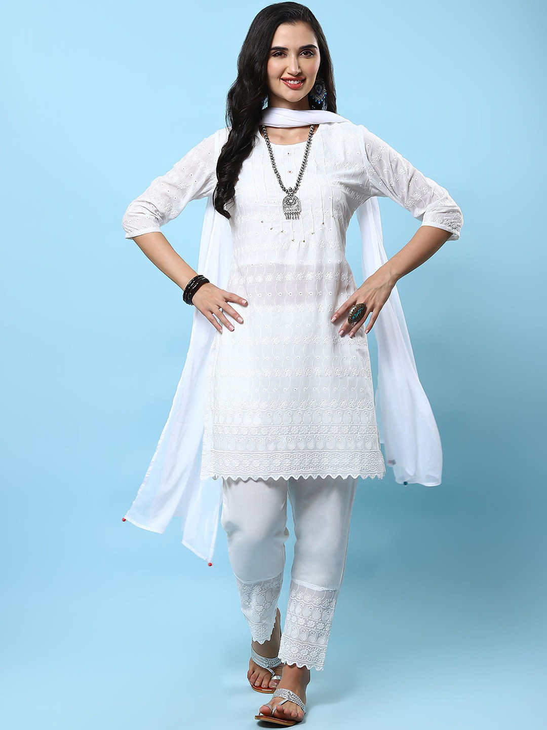 

Shree Floral Embroidered Regular Thread Work Kurta With Trousers & Dupatta, White