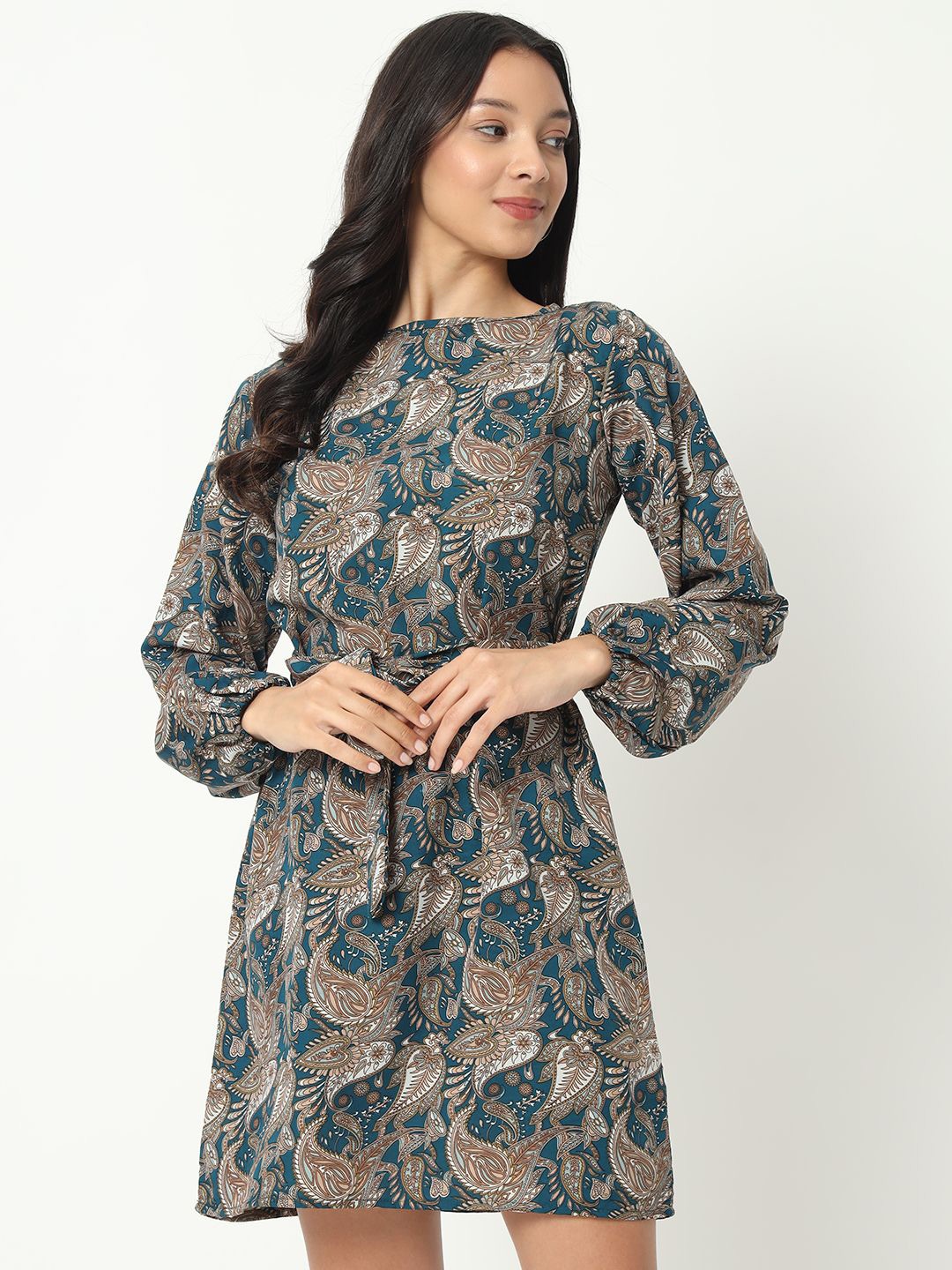 

Womenster Women Ethnic Motifs Printed Round Neck A-Line Dress, Olive