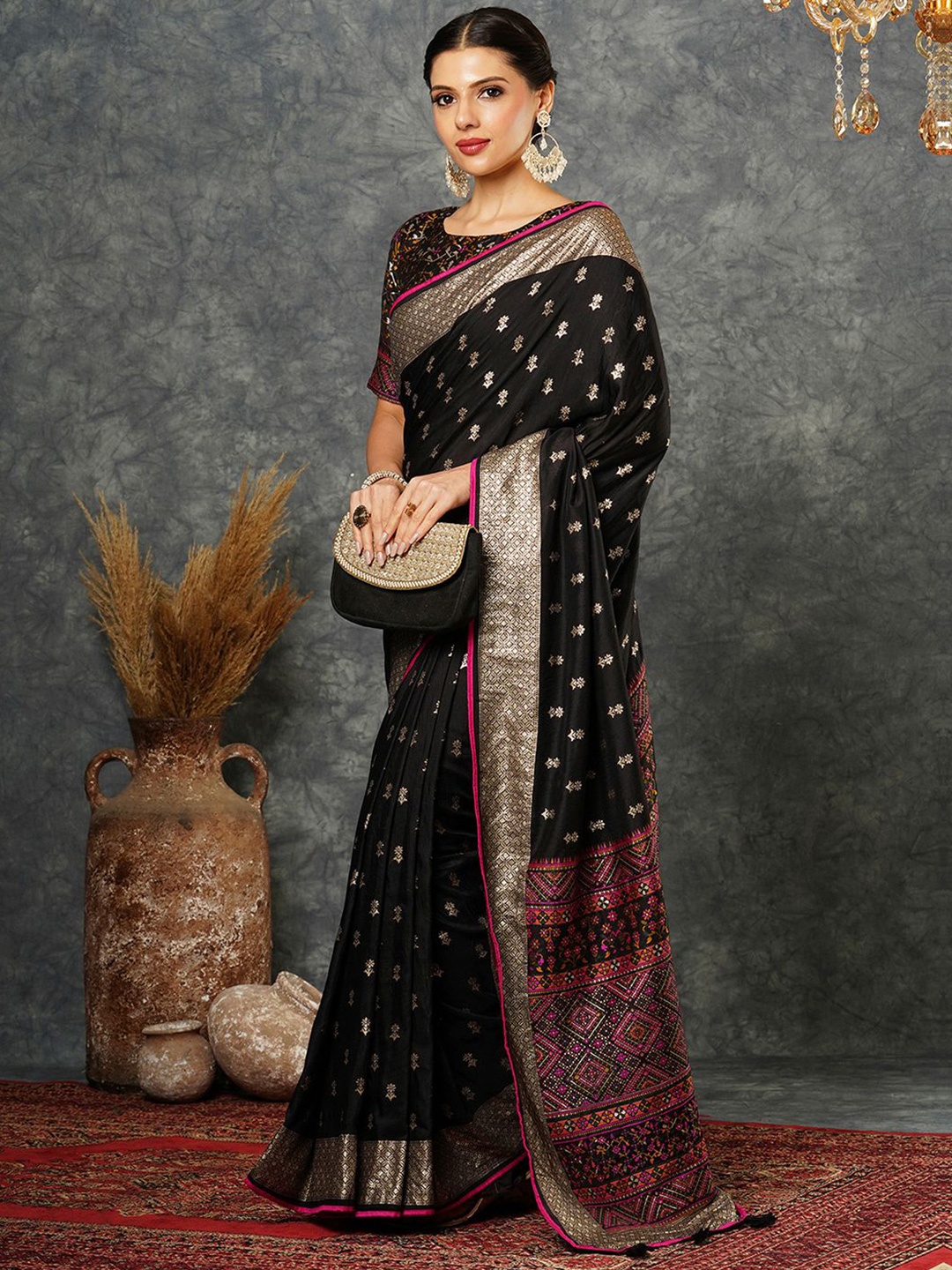 

Satrani Ethnic Motifs Woven Design Zari Banarasi Saree, Black