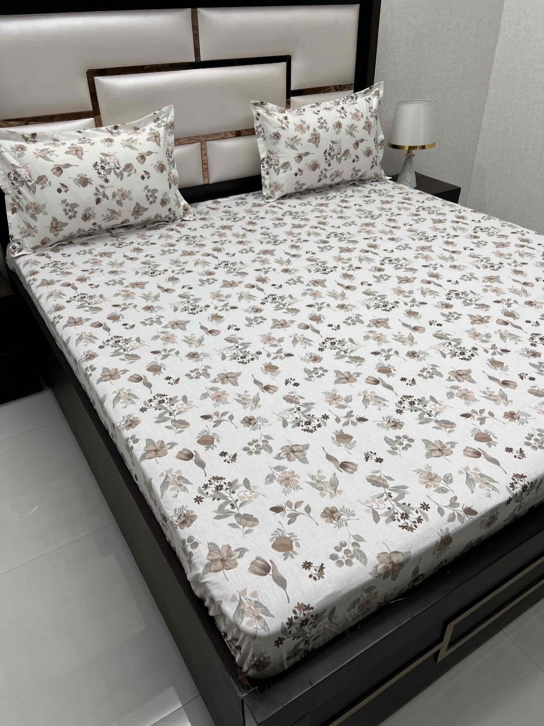 

Pure Decor White & Brown Floral Cotton 400 TC King Bedsheet with 2 Pillow Covers