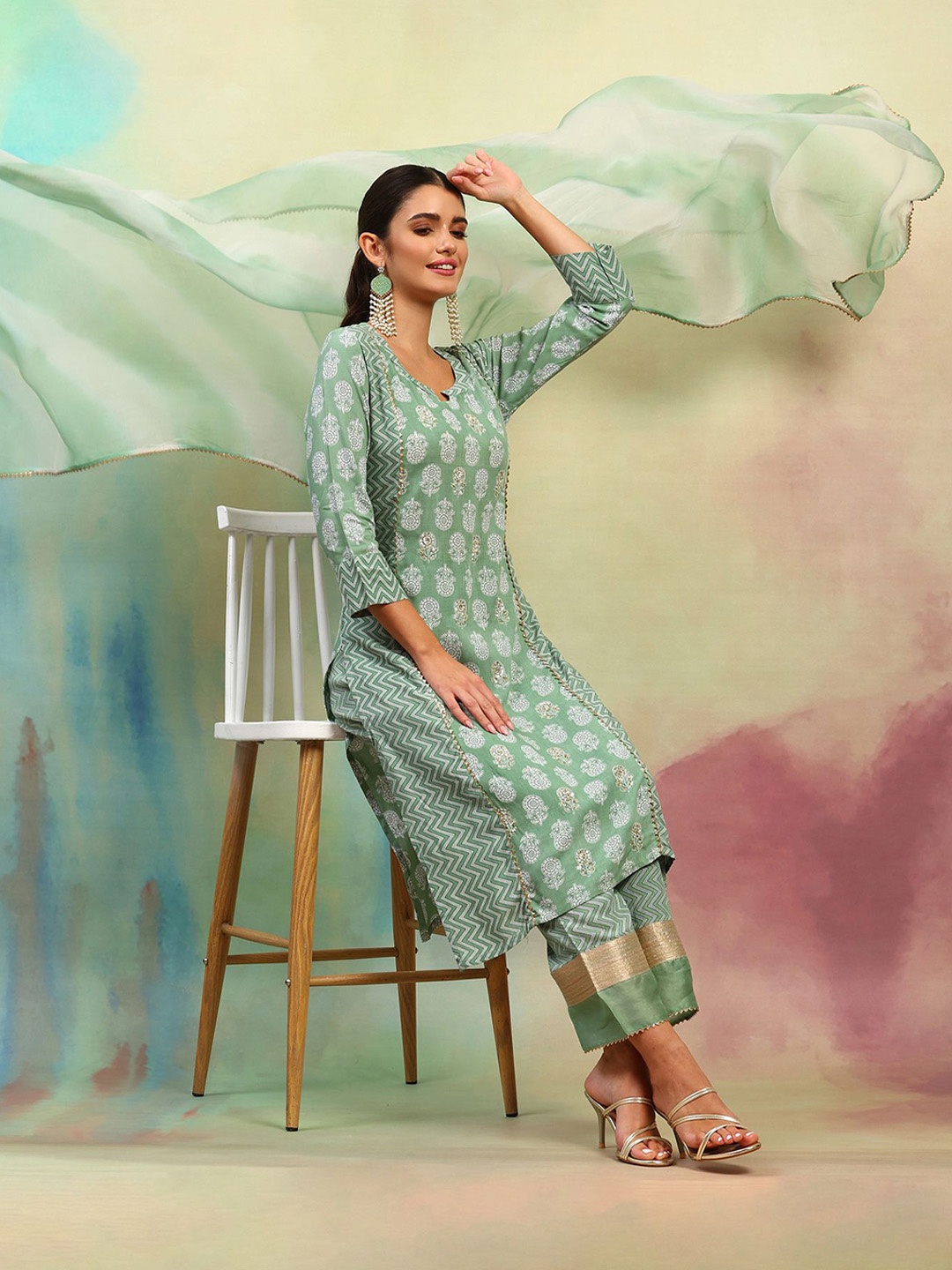 

Khushal K Ethnic Motifs Printed Gotta Patti Sraight Kurta with Palazzos & Dupatta, Green