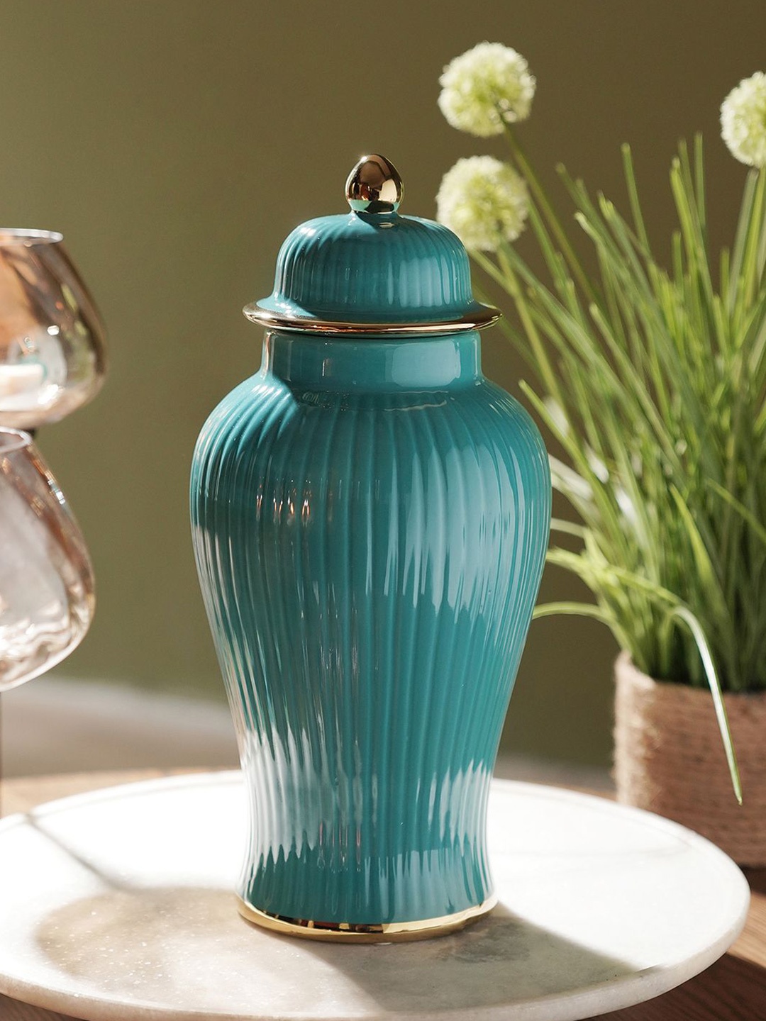 

Pure Home and Living Teal Ribbed Ceramic Urn wth Lid - Small