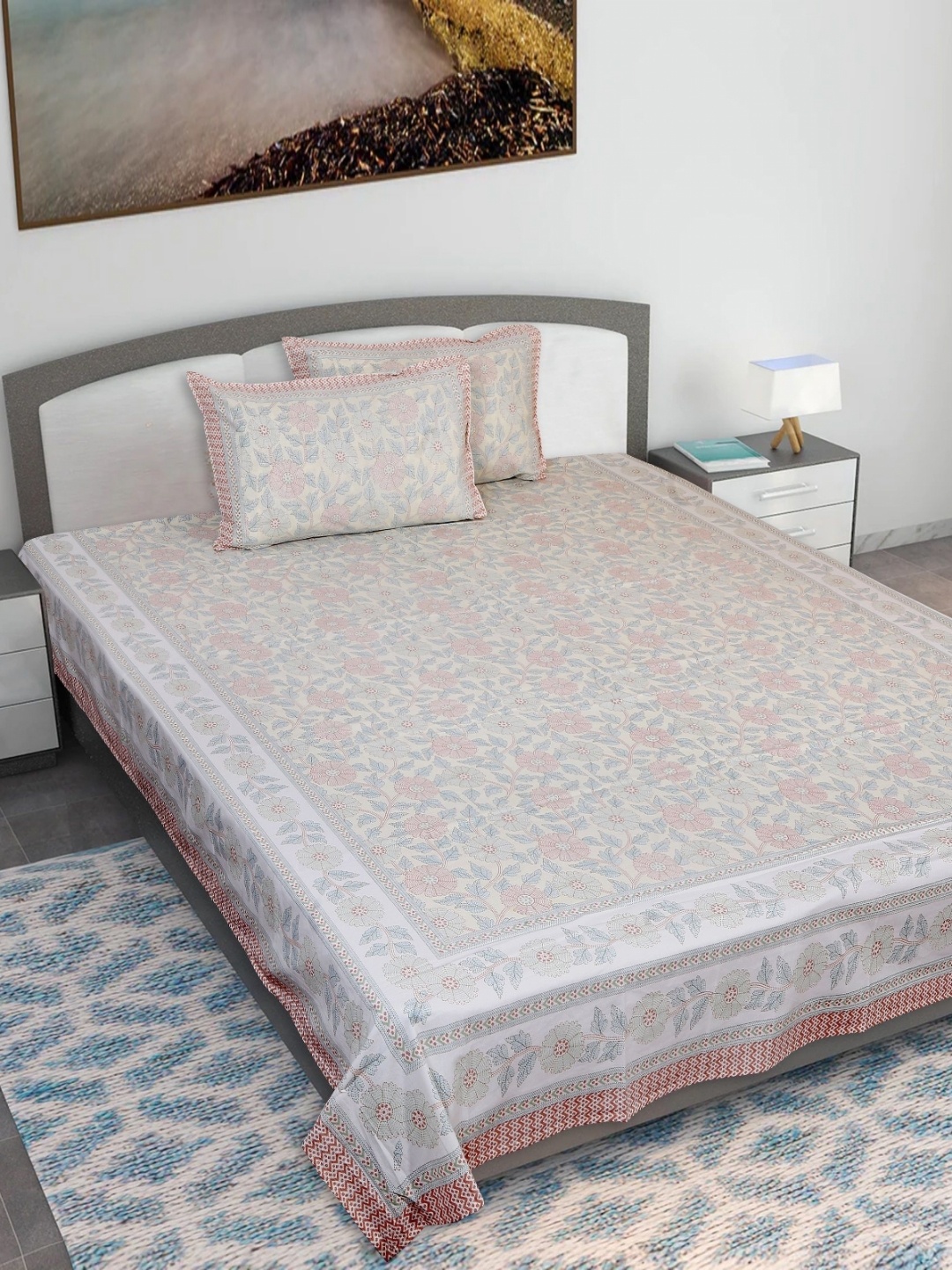 

Texstylers Brown & Blue Kantha 210 TC Cotton King Bedsheet With 2 Pillow Covers