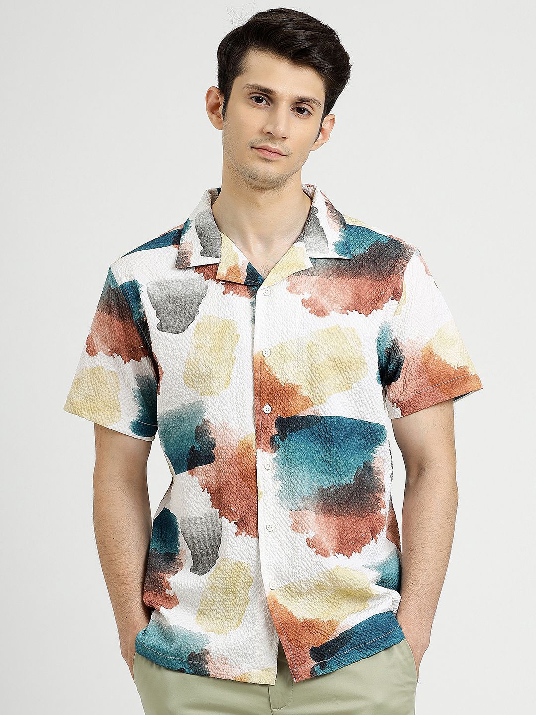 

Greenfibre Men Cuban Collar Abstract Printed Slim Fit Casual Shirt, Multi