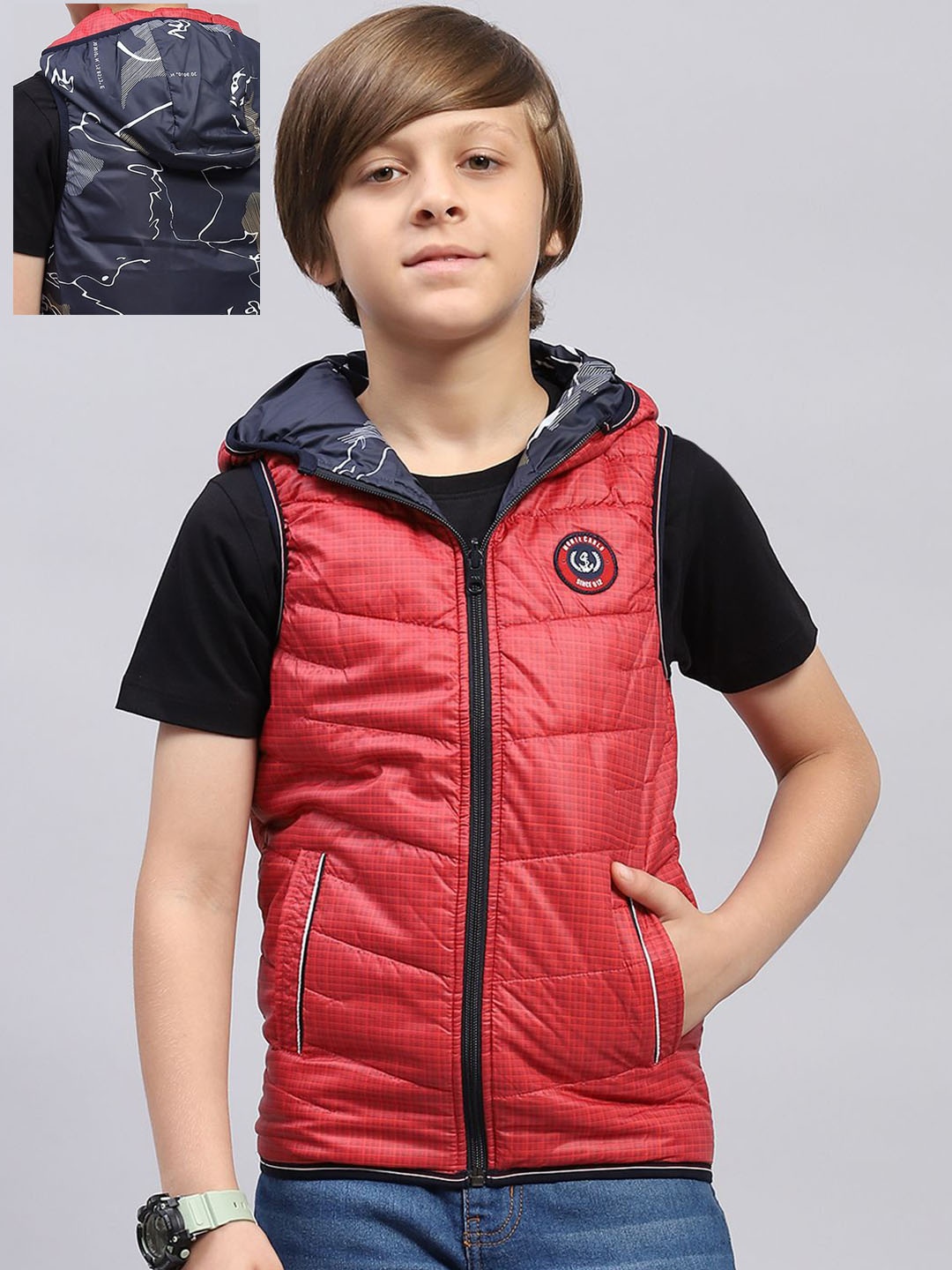 

Monte Carlo Boys Solid Hooded Patchwork Reversible Puffer Jacket, Red