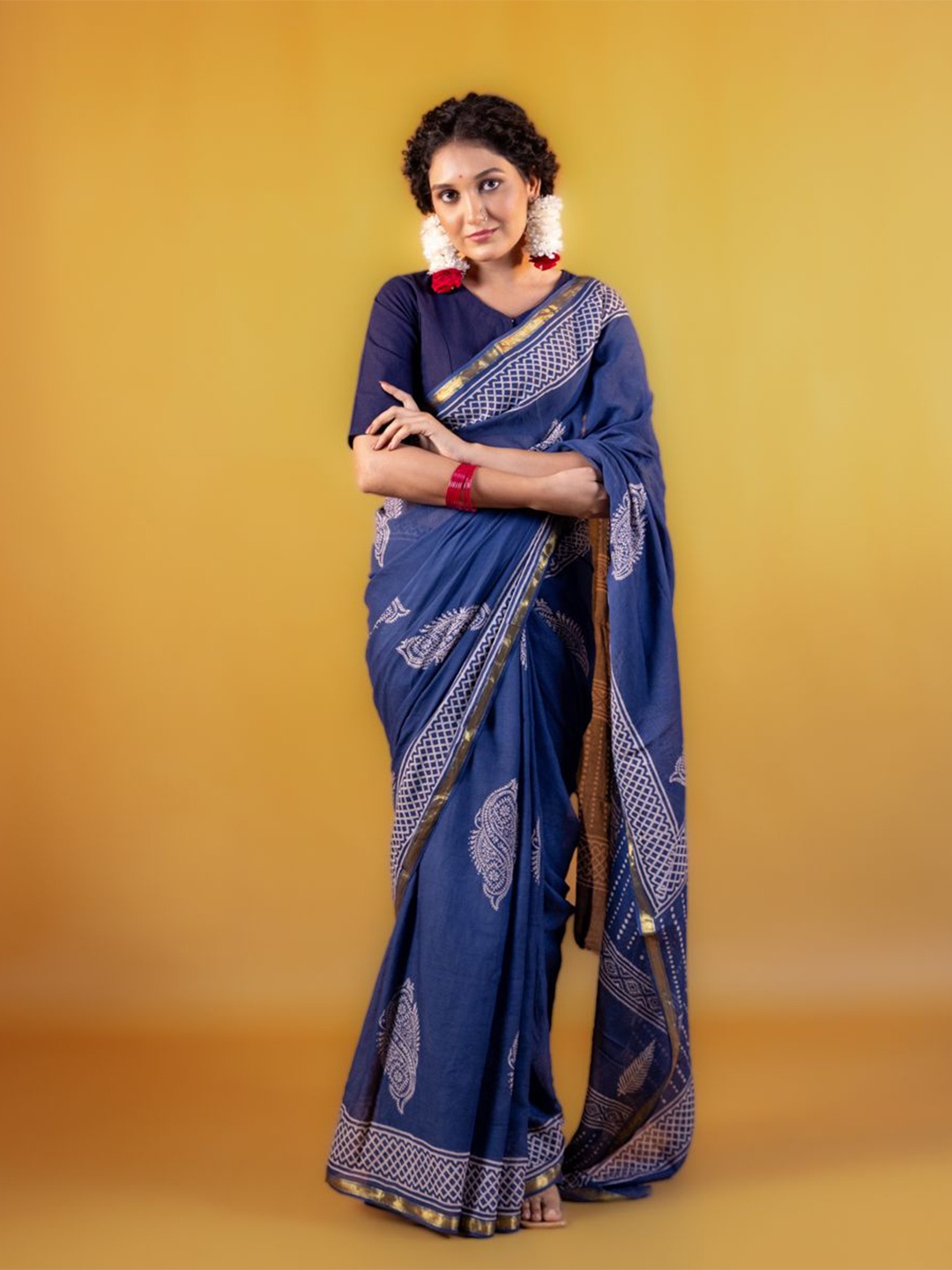 

Moora Ethnic Motifs Zari Block Print Saree, Blue