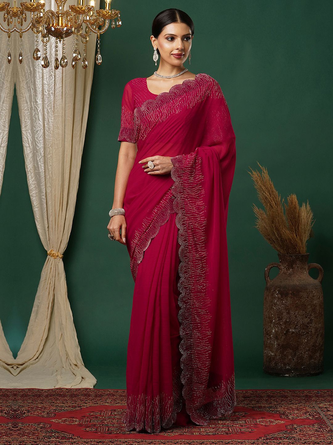 

Satrani Beads and Stones Pure Georgette Solid Saree, Red