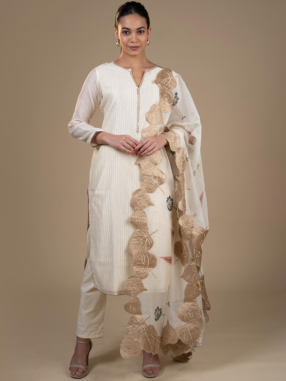 

RITOSA Ethnic Motifs Embroidered Straight Kurta with Trousers & With Dupatta, Off white