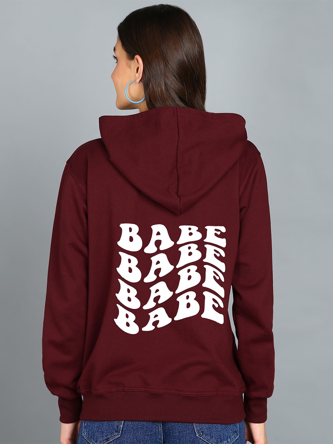

FALTU.CO Women Printed Zip Detail Hooded Cotton Sweatshirt, Maroon