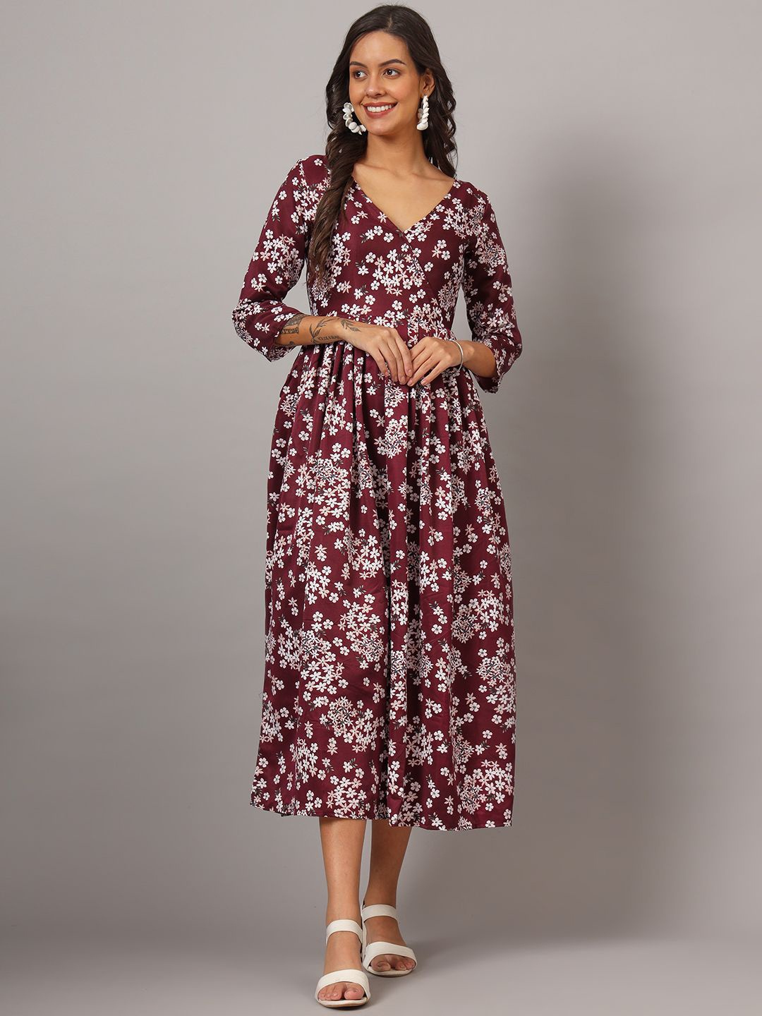 

DHAKRE FASHION Floral Printed V-Neck Thread Work Silk A-line Ethnic Dresses, Maroon