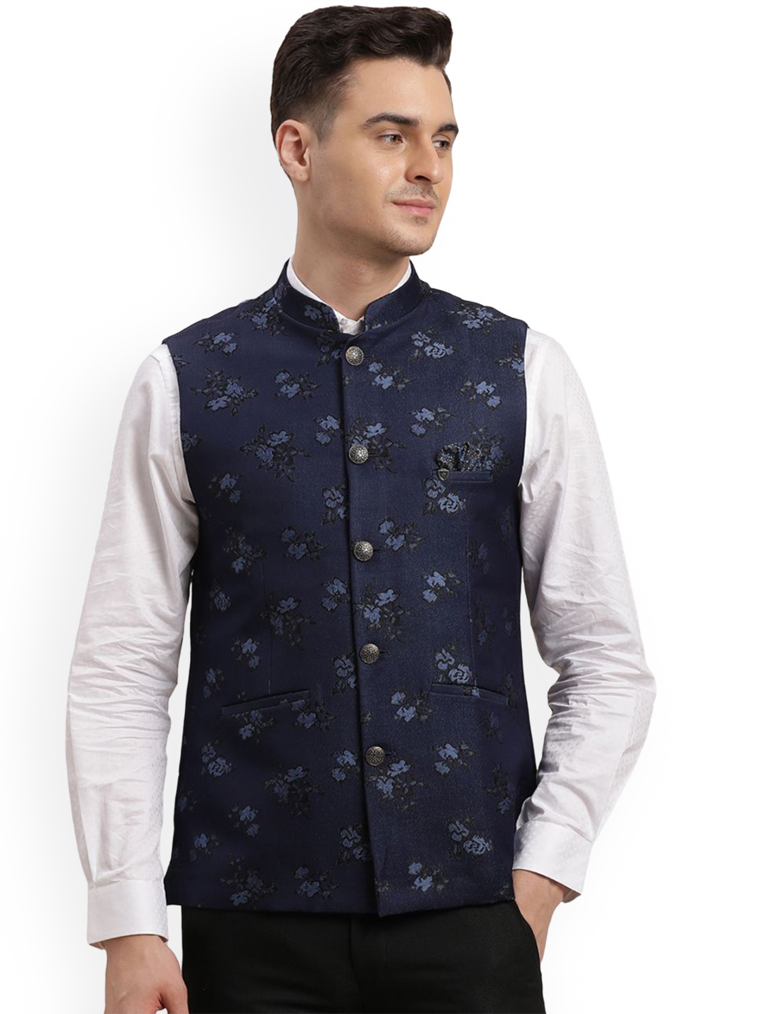 

Turtle Woven Design Pure Cotton Nehru Jacket, Blue