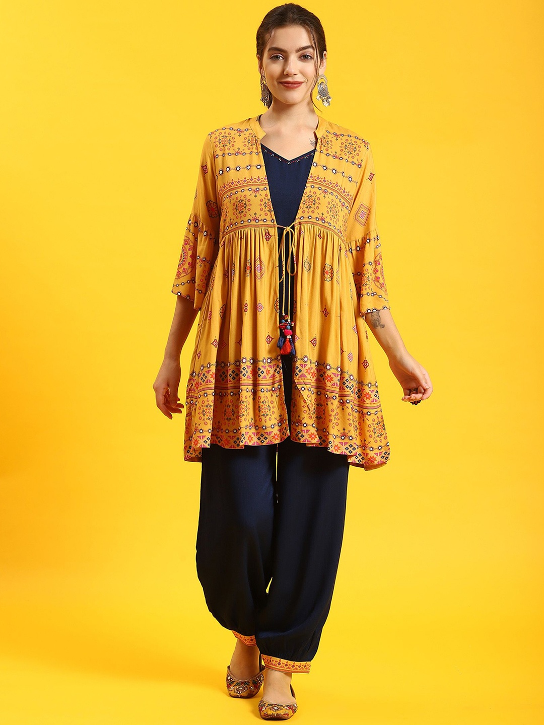 

Shree Ethnic Motif Printed Liva Straight Kurta & Harem Pants, Navy blue