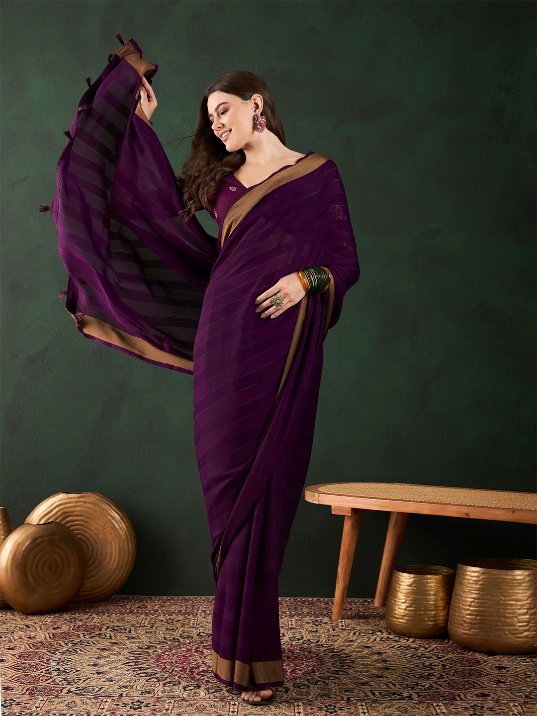 

Sangria Woven Design Striped Saree With Blouse Piece, Purple