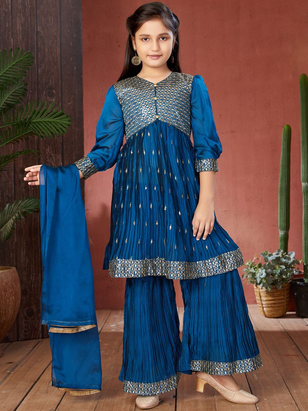 

BAESD Girls Floral Embroidered Sequinned Anarkali Kurta With Sharara & Dupatta, Turquoise blue