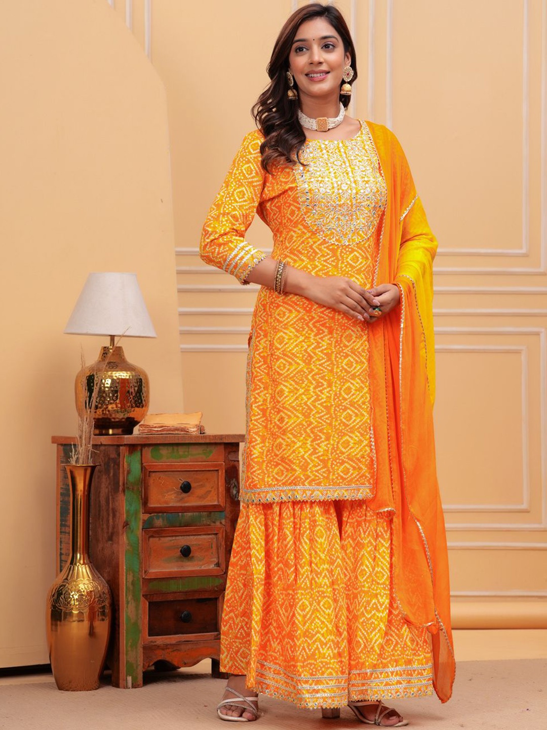 

TOULIN Bandhani Printed Straight Kurta with Sharara & With Dupatta, Mustard