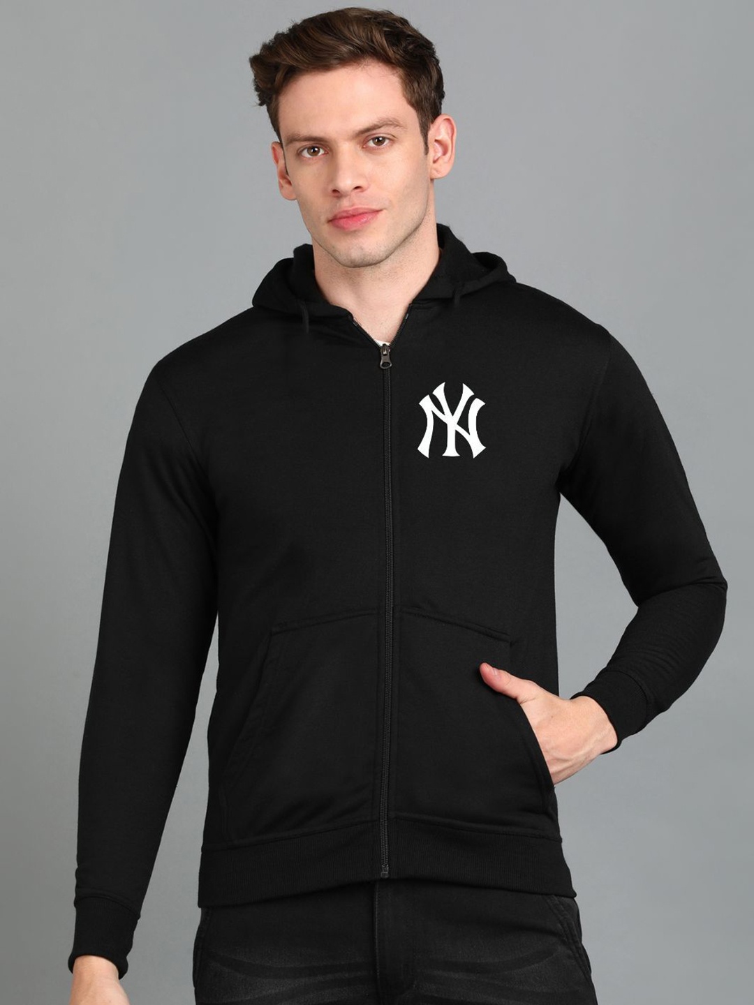 

FALTU.CO Men Graphic Printed Hooded Ribbed Cotton Sweatshirt, Black