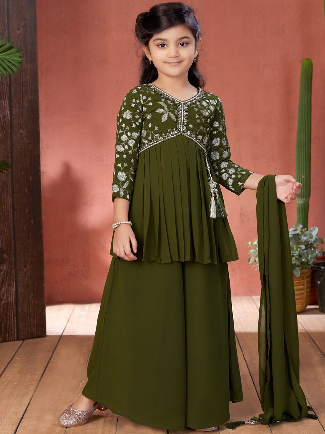 

BAESD Girls Floral Embroidered Georgette A-Line Kurti With Palazzos & Dupatta, Olive