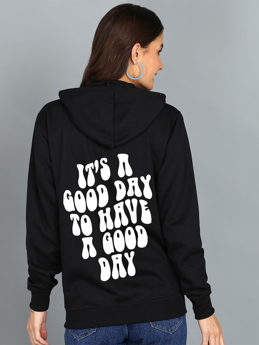 

FALTU.CO Women Printed Zip Detail Hooded Cotton Sweatshirt, Black