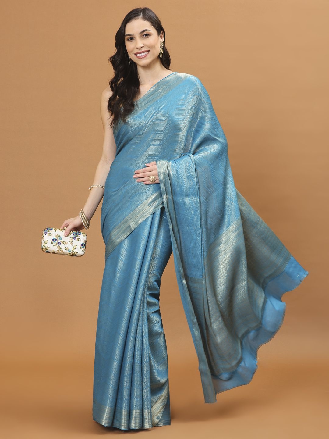 

Meena Bazaar Woven Design Zari Poly Crepe Saree, Blue
