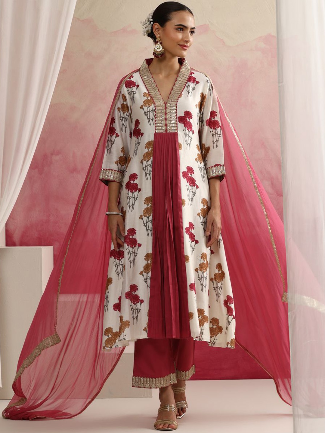 

Khushal K Floral Printed Sequinned Anarkali Kurta with Palazzos & Dupatta, White