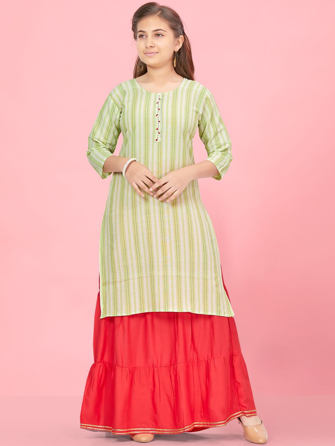 

BAESD Girls Striped Gotta Patti Pure Cotton A-Line Kurta, Green